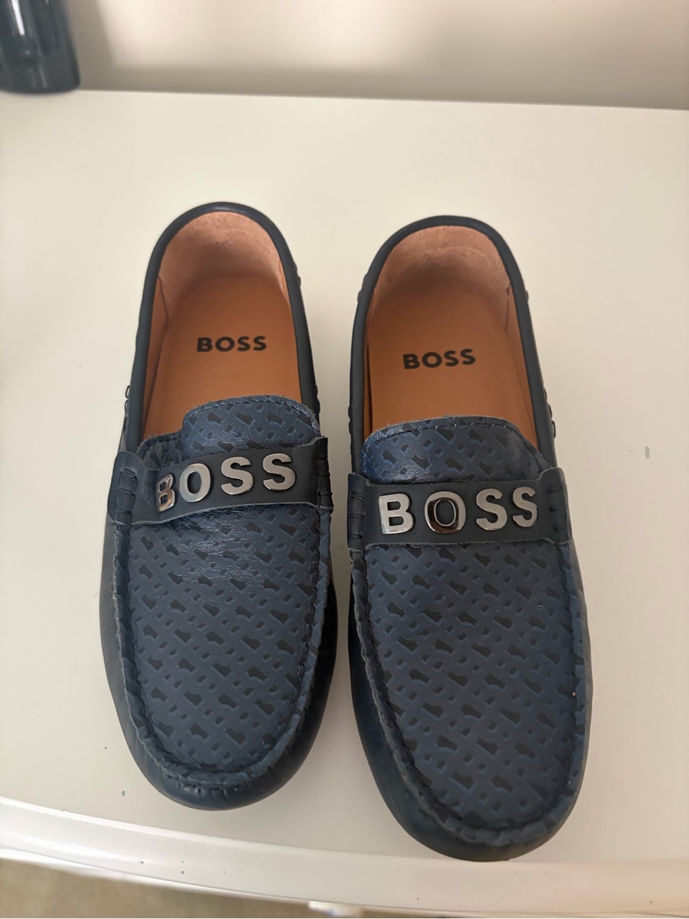 Boss Navy Textured Leather Loafers with Metal Logo